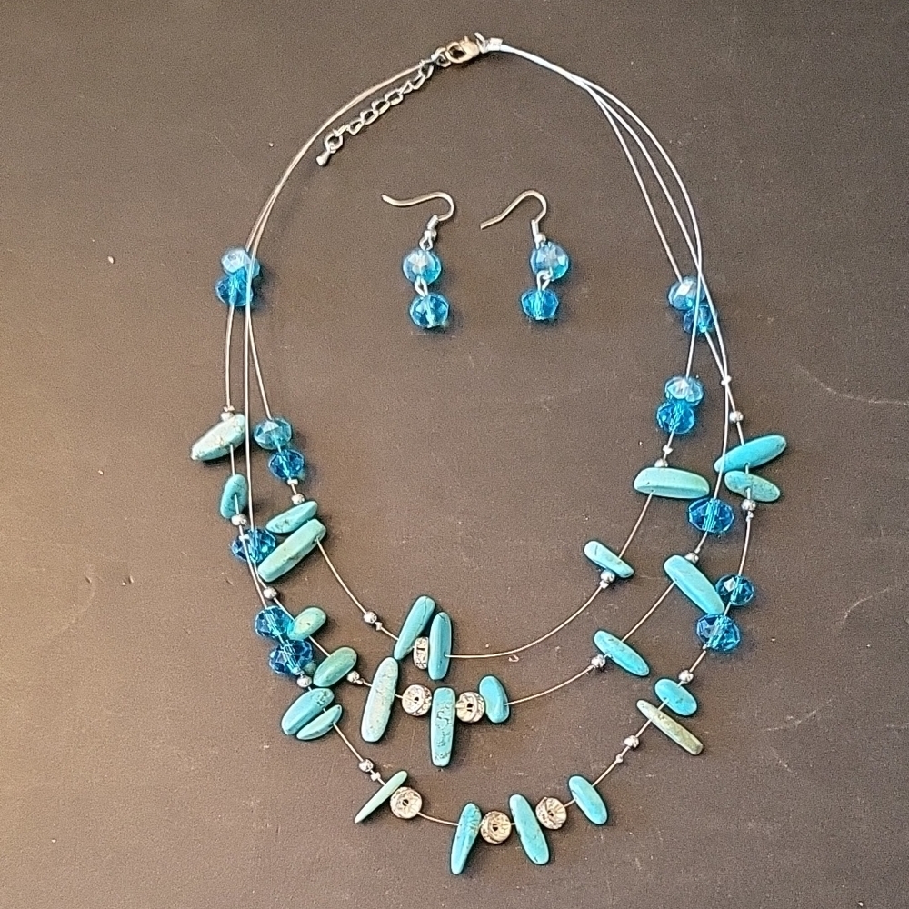 Ardene Blue & Silver-tone 3-Strand Necklace & Earrings, Crystals & Stones, 18"